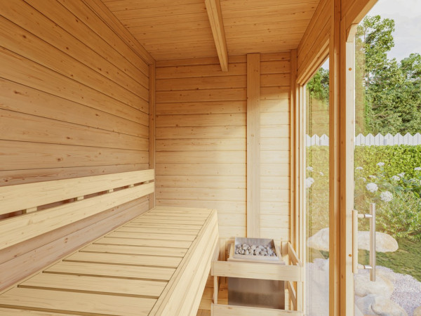 Standardmäßig ohne Ofen. Ein passender Saunaofen ist in unseren Sparsets enthalten.