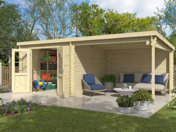 Gartenhaus Blockbohlenhaus Orlando Exklusiv 28 mm naturbelassen mit 3 m Anbau