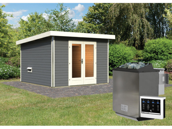 Saunahaus Mainburg 1 terragrau 38 mm inkl. Bio-Kombiofen 9 kW + ext. Steuerung