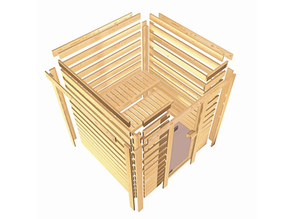 Sauna Massivholzsauna Mia mit Dachkranz, inkl. 9 kW Ofen mit integrierter Steuerung