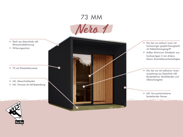 Karibu Saunahaus Nero 1 73 mm naturbelassen inkl. Ofen