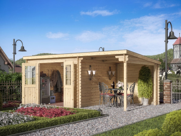 Gartenhaus Blockbohlenhaus CA2976 28 mm naturbelassen mit 2 m Anbau