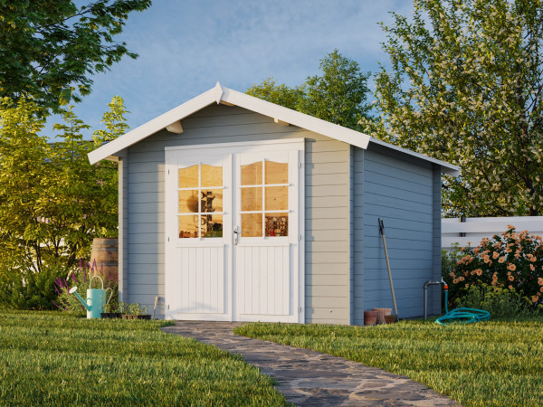 Gartenhaus Lotta 7,3 m² 28 mm hellgrau/weiß