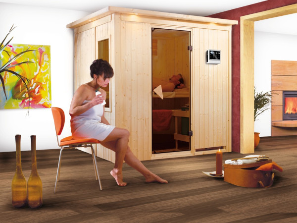Sauna Systemsauna Bodin mit Dachkranz, inkl. 9 kW Bio-Ofen mit externer Steuerung