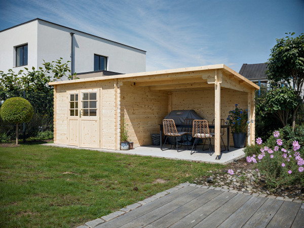 Gartenhaus Blockbohlenhaus CA2977 28 mm naturbelassen mit 3 m Anbau