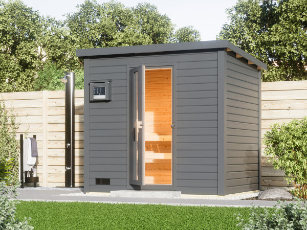 Saunahaus Hytti 3 terragrau inkl. 11 kW Bio-Kombiofen ext. Steuerung
