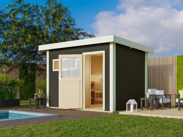 Saunahaus Suva 1 Grau mit Holztür, inkl. 9 kW Bio-Ofen mit externer Steuerung