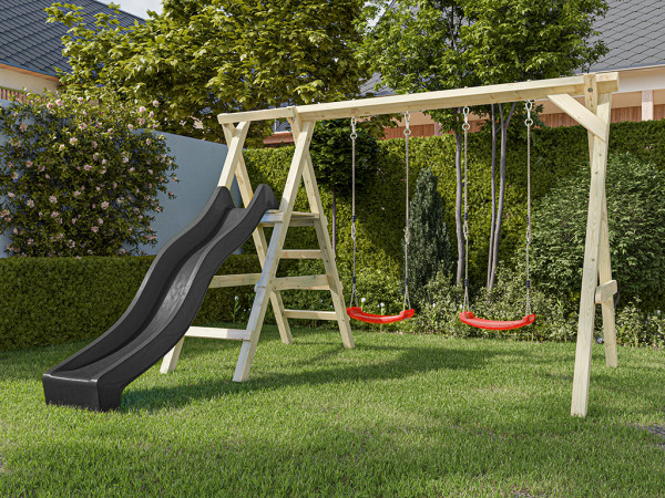 Doppelschaukel mit Podest Cosy Double KDI inkl. Rutsche grau + 2 Schaukelsitze rot