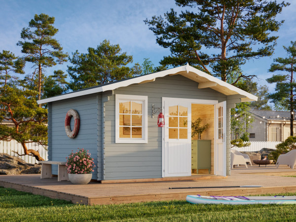 Gartenhaus Emma 10,4 m² 34 mm hellgrau/weiß