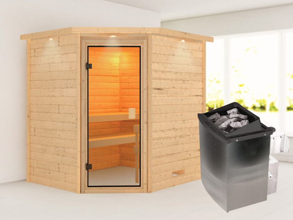 Sauna Elea mit bronzierter Glastür und Dachkranz + 9 kW Saunaofen integr. Strg.