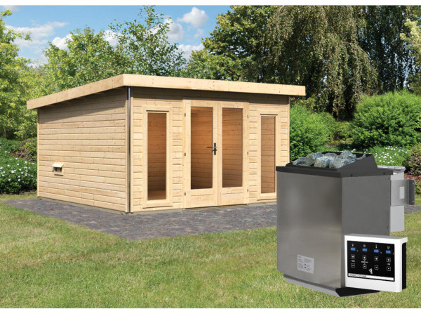 Saunahaus Mainburg 3 naturbelassen 38 mm inkl. Bio-Kombiofen 9 kW + ext. Steuerung