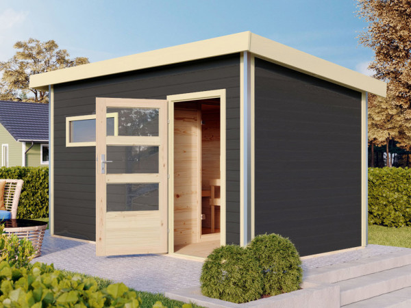 Gartensauna Enns 3 Anthrazit SPARSET inkl. 9 kW Bio-Kombisaunaofen + ext. Steuerung