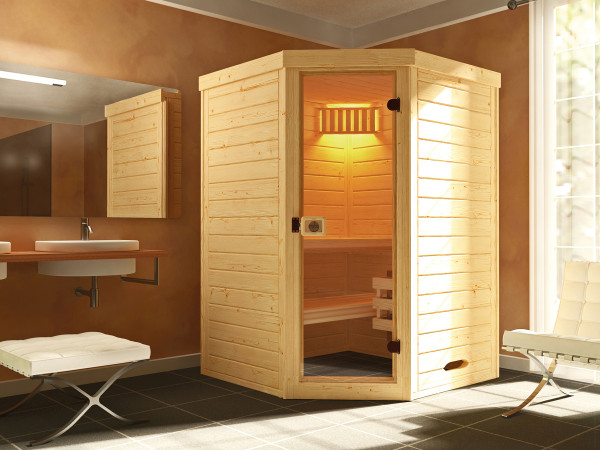 Systemsauna Laukkala mit Ganzglastür 4,5 kW Saunaofen Naturbelassen