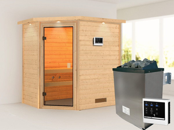 Sauna Massivholzsauna Svea mit Dachkranz, inkl. 9 kW Ofen mit externer Steuerung