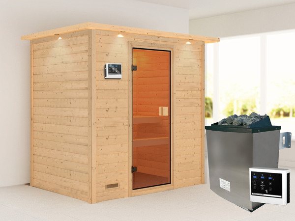 Sauna Massivholzsauna Selena mit Dachkranz, inkl. 9 kW Ofen mit externer Steuerung