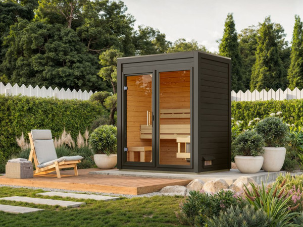 Gartensauna View terragrau SPARSET mit 9 kW Ofen und ext. Steuerung