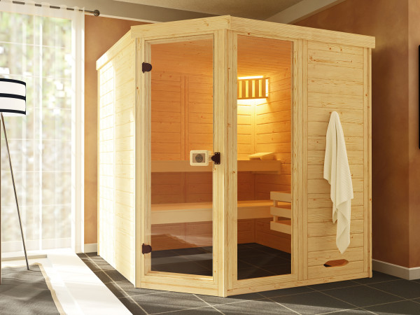 Systemsauna Laukkala mit Ganzglastür inkl. 9 kW Kompakt Saunaofen Naturbelassen