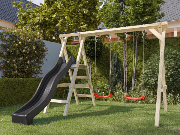 Doppelschaukel mit Podest Cosy Double KDI inkl. Rutsche grau + 2 Schaukelsitze rot