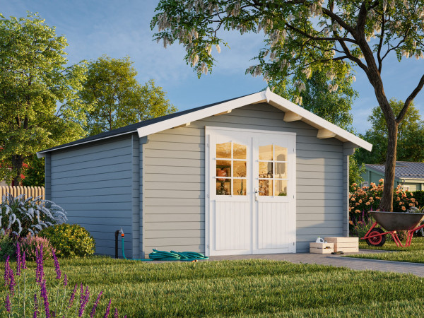 Gartenhaus Lotta 13,9 m² 34 mm hellgrau/weiß
