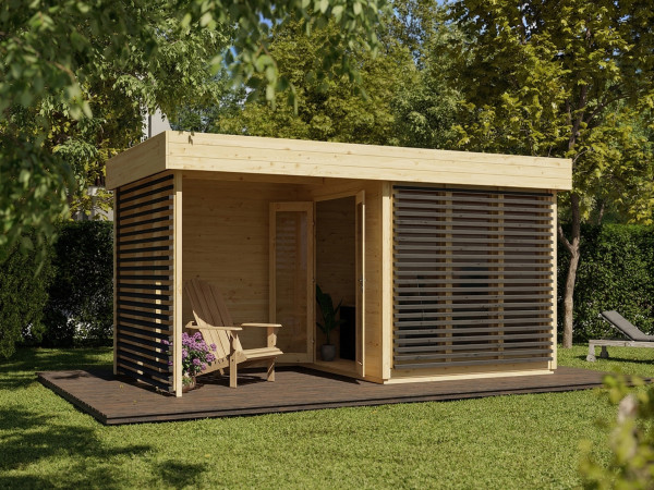 Gartenhaus Homeoffice Ivar 28 mm naturbelassen mit 264 cm Anbau