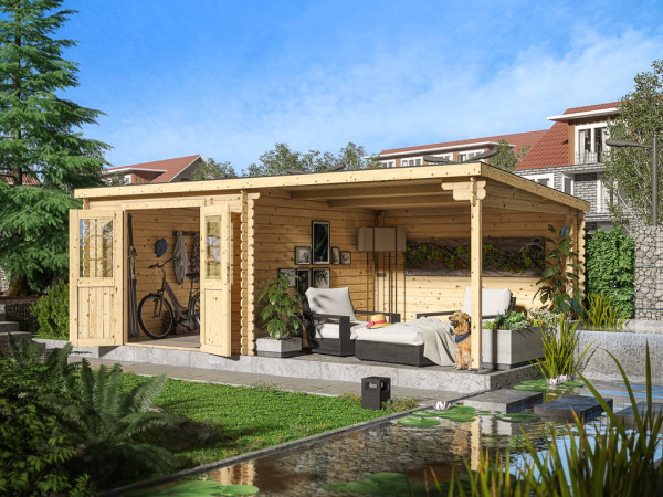Gartenhaus Blockbohlenhaus CA2977 28 mm naturbelassen mit 3 m Anbau inkl. selbstkl. Dachbahn + Boden