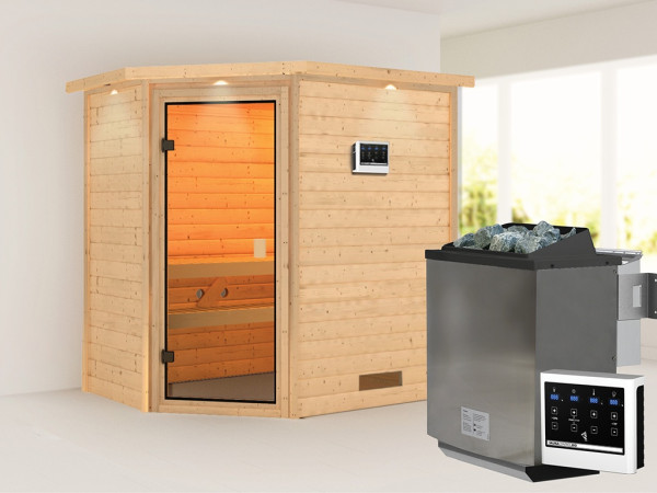 Sauna Massivholzsauna Svea mit Dachkranz, inkl. 9 kW Bio-Ofen mit externer Steuerung