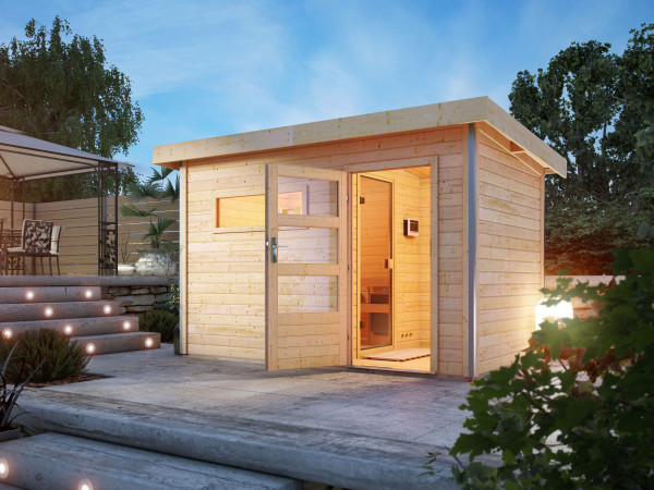 Saunahaus Skrollan 3 mit moderner Tür naturbelassen inkl. 11 kW Saunaofen ext. Steuerung