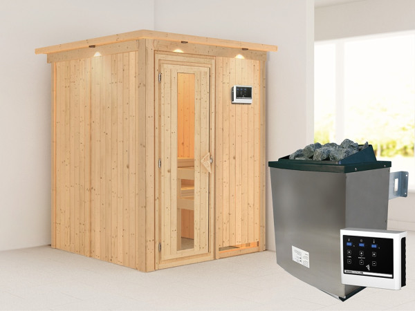 Sauna Systemsauna Norin mit Dachkranz, inkl. 9 kW Ofen mit externer Steuerung