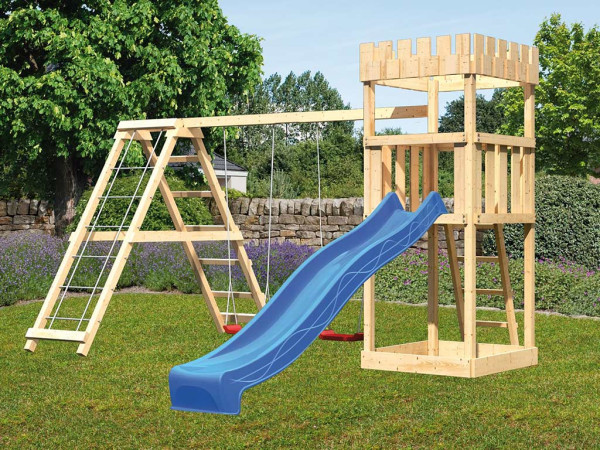 Spielturm SET Ritterburg Löwenherz naturbelassen inkl. Rutsche blau + Doppelschaukel + Klettergerüst