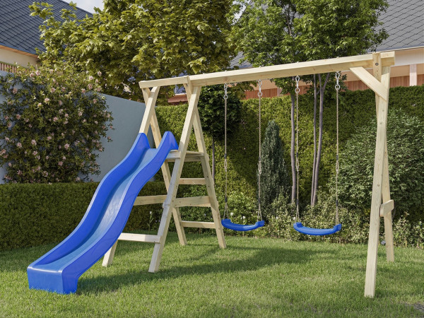Doppelschaukel mit Podest Cosy Double KDI inkl. Rutsche blau + 2 Schaukelsitze blau