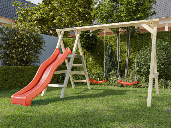 Doppelschaukel mit Podest Cosy Double KDI inkl. Rutsche rot + 2 Schaukelsitze rot