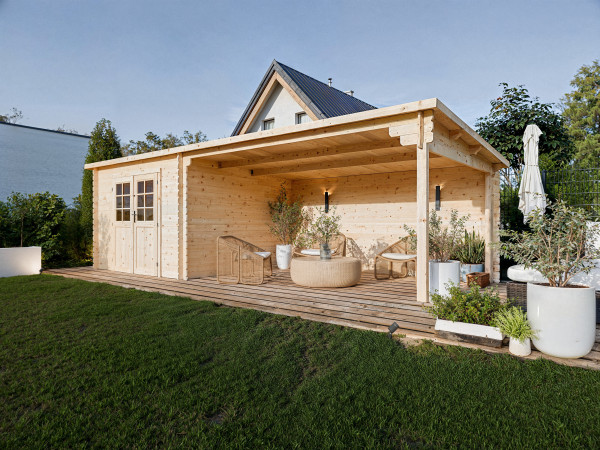 Gartenhaus Blockbohlenhaus CA2978 28 mm naturbelassen mit 4 m Anbau