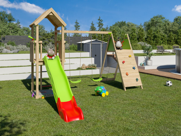 Spielturm Malou inkl. Doppelschaukel, Kletterpodest mit Rutsche grün-rot