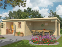 Gartenhaus Blockbohlenhaus Aida 800 28 mm naturbelassen mit 3,8 m Anbau Gartenhaus Blockbohlenhaus Aida 800 28 mm naturbelassen mit 3,8 m Anbau