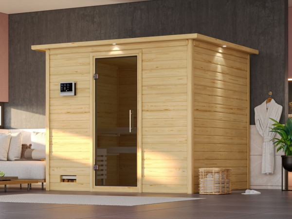 Massivholzsauna Sonara mit Dachkranz graphit Ganzglastür