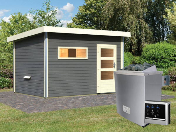 Saunahaus Skrollan 3 mit moderner Tür terragrau + 9 kW Saunaofen ext. Strg.