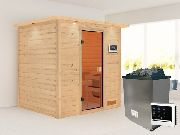 Sauna Adelina mit bronzierter Glastür und Dachkranz + 9 kW Saunaofen integr. Strg.