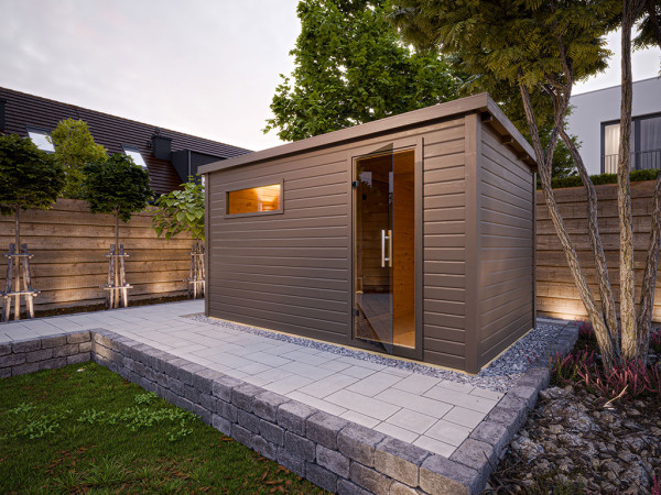Gartensauna Lene 6 terragrau SPARSET 9kW Ofen und int. Strg