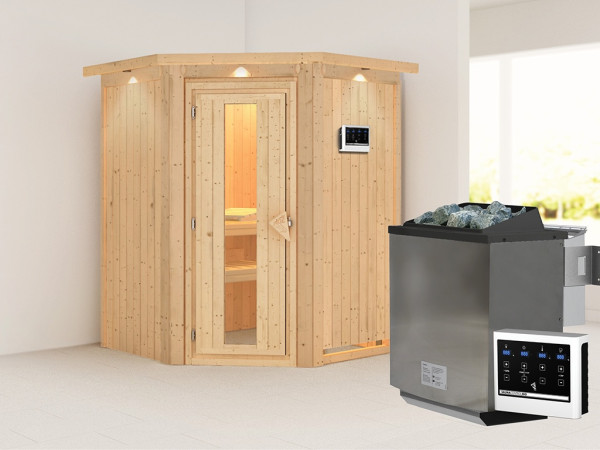 Sauna Systemsauna Larin mit Dachkranz, inkl. 9 kW Bio-Ofen mit externer Steuerung