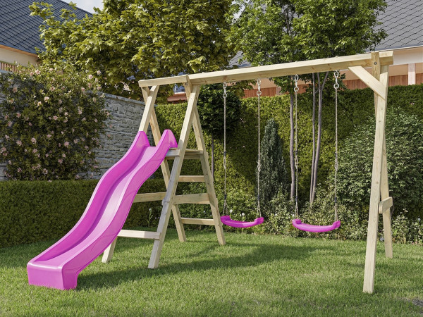 Doppelschaukel mit Podest Cosy Double KDI inkl. Rutsche pink + 2 Schaukelsitze pink