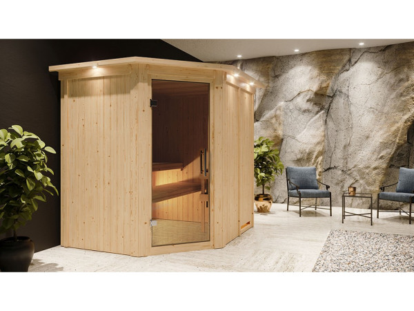 Sauna Systemsauna Siirin mit Dachkranz, inkl. 9 kW Ofen mit integrierter Steuerung