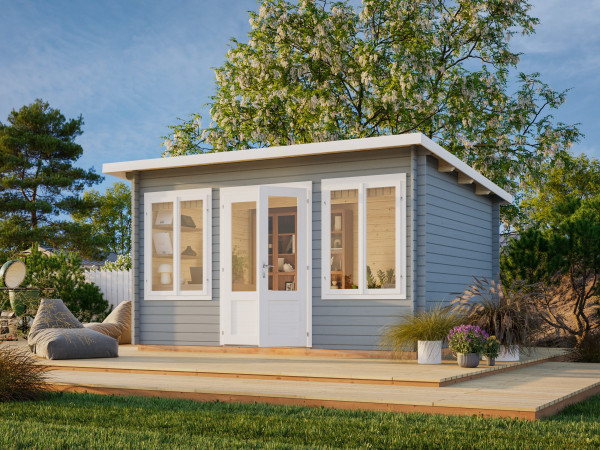 Gartenhaus Lisa 11,5 m² 34 mm hellgrau/weiß