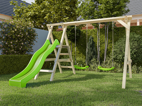 Doppelschaukel mit Podest Cosy Double KDI inkl. Rutsche grün + 2 Schaukelsitze grün