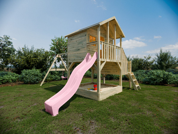 Stelzenhaus Big House L mit Sandkasten KDI inkl. Doppelschaukel und Rutsche pastellrosa