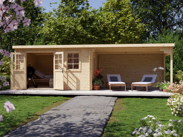 Gartenhaus Blockbohlenhaus CA2988 28 mm naturbelassen mit 4 m Anbau