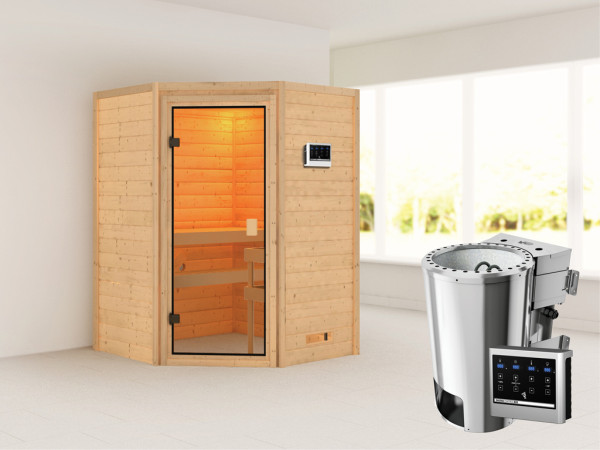 Sauna Antonia mit bronzierter Glastür + 3,6 kW Plug &amp; Play Bio-Ofen ext. Strg.
