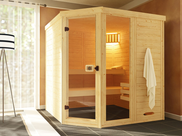 Systemsauna Laukkala mit Ganzglastür inkl 7,5 kW Bio Saunaofen Naturbelassen