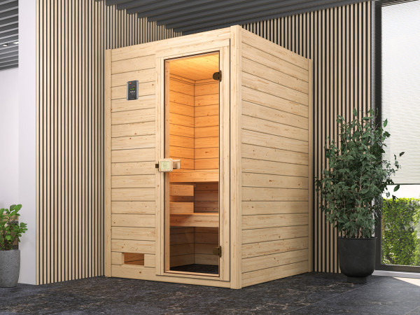 Massivholzsauna Valida mit Ganzglastür inkl. Saunaofen 3,6 kW Naturbelassen