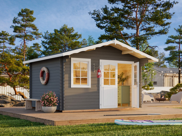 Gartenhaus Emma 10,4 m² 34 mm dunkelgrau/weiß