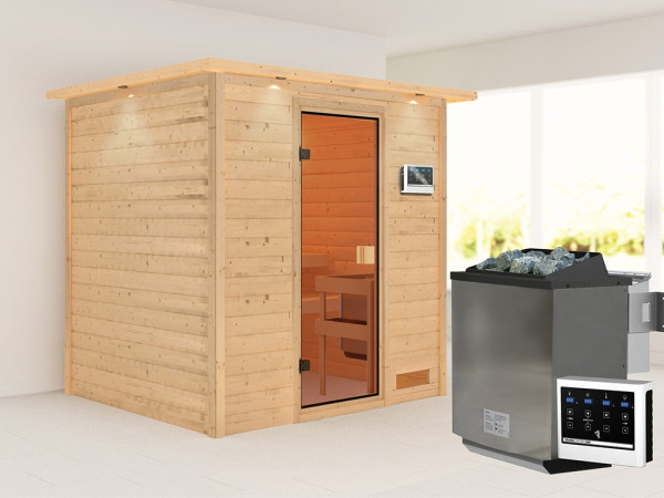 Sauna Adelina mit bronzierter Glastür und Dachkranz + 9 kW Bio-Kombiofen ext. Strg.